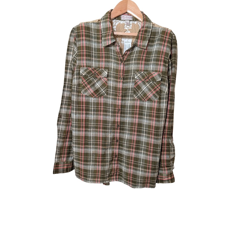 Dressbarn Womens Olive Green Pink Plaid Lace Back Button Down Shirt L